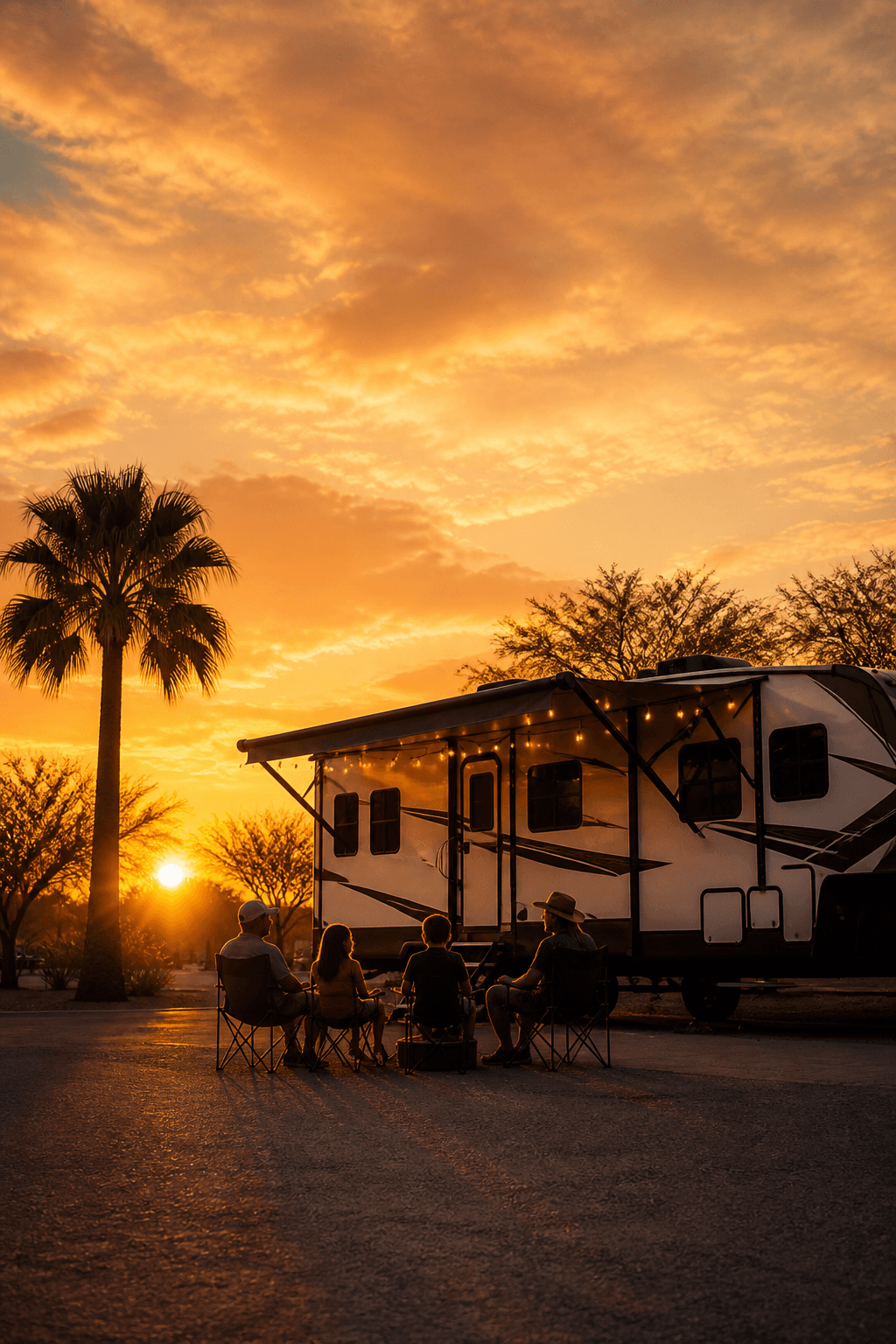 Family enjoying a golden sunset evening at their RV site at Sun Valley RV Park