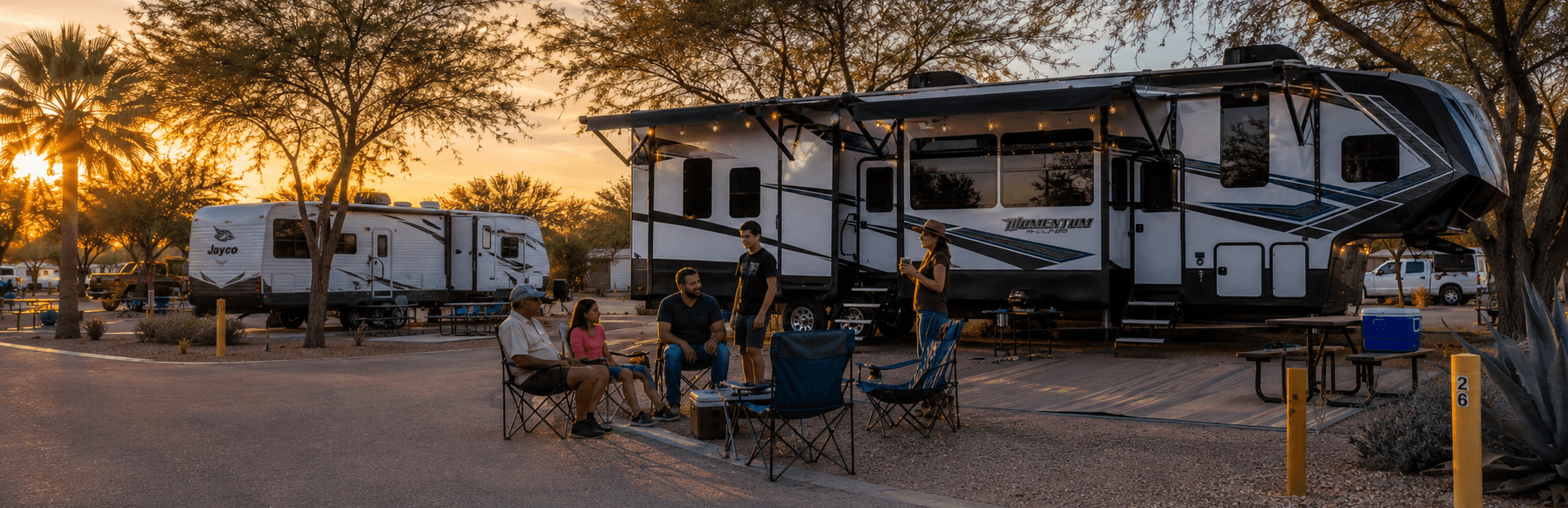 Family enjoying a golden sunset evening at their RV site at Sun Valley RV Park